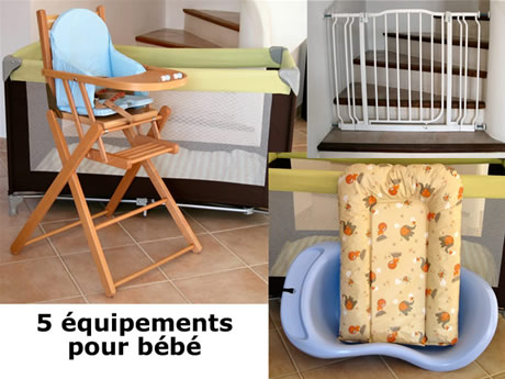 Cinq &eacute;quipements pour b&eacute;b&eacute;.
